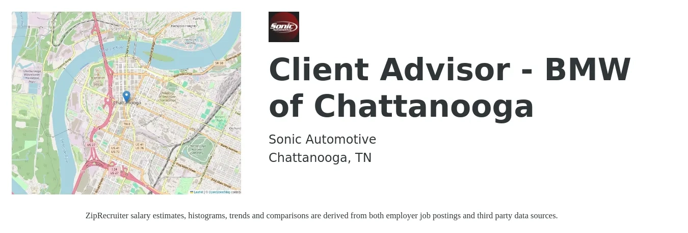Sonic Automotive job posting for a Client Advisor - BMW of Chattanooga in Chattanooga, TN with a salary of $16 to $26 Hourly with a map of Chattanooga location.