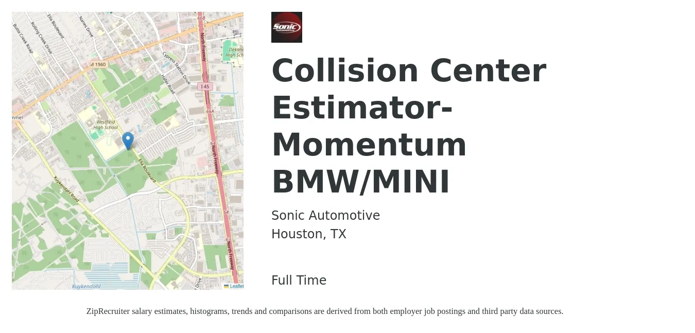 Sonic Automotive job posting for a Collision Center Estimator- Momentum BMW/MINI in Houston, TX with a salary of $51,000 to $69,100 Yearly with a map of Houston location.