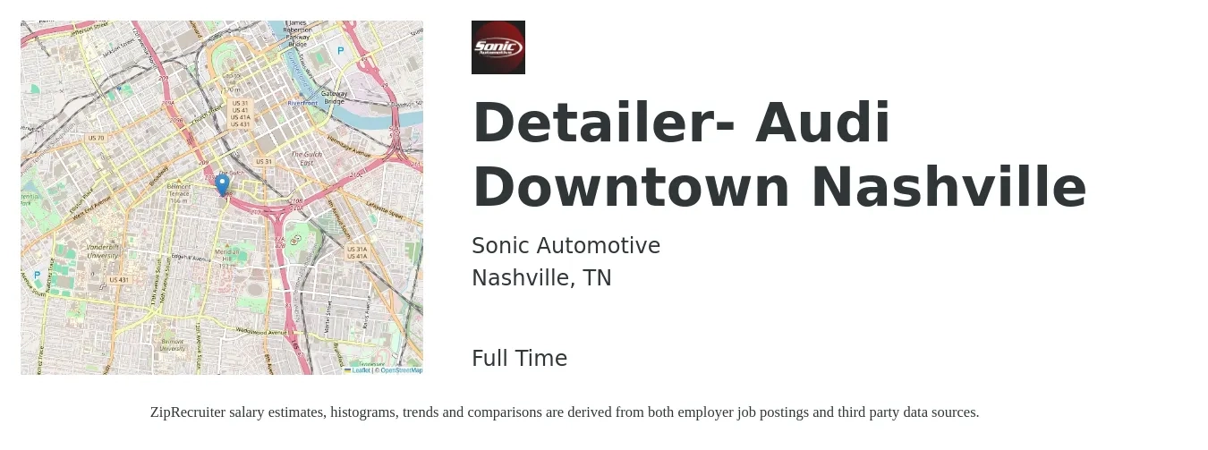 Sonic Automotive job posting for a Detailer- Audi Downtown Nashville in Nashville, TN with a salary of $14 to $18 Hourly with a map of Nashville location.