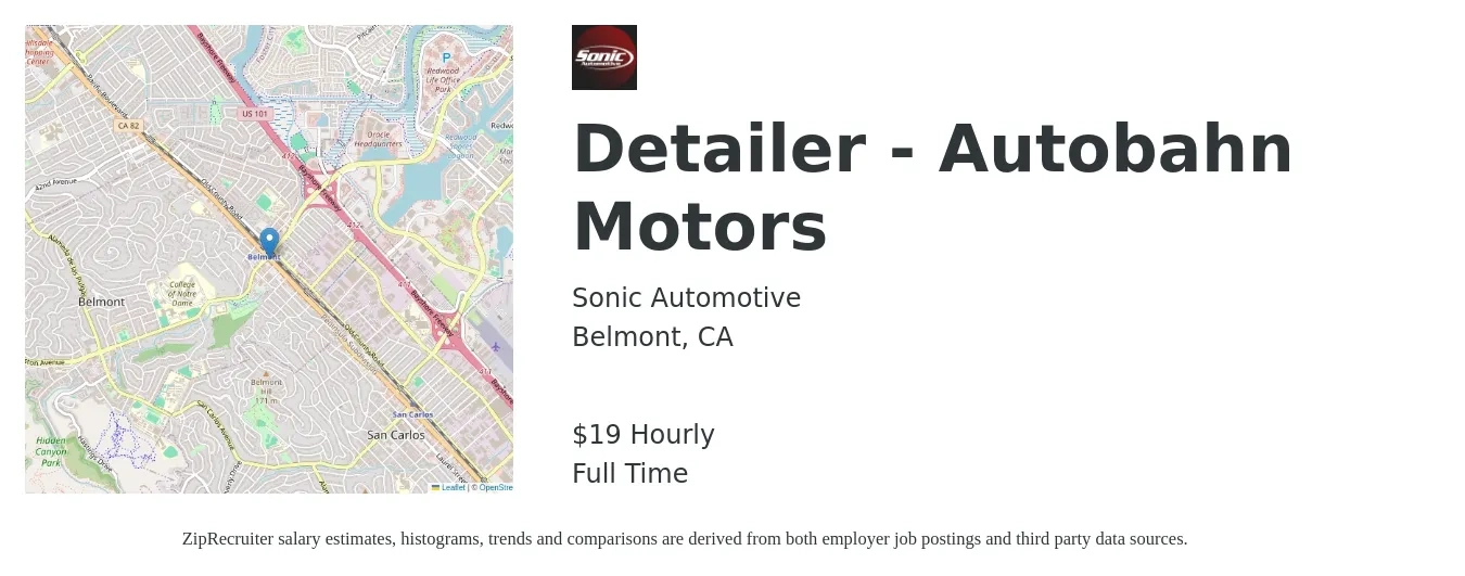 Sonic Automotive job posting for a Detailer - Autobahn Motors in Belmont, CA with a salary of $20 Hourly with a map of Belmont location.