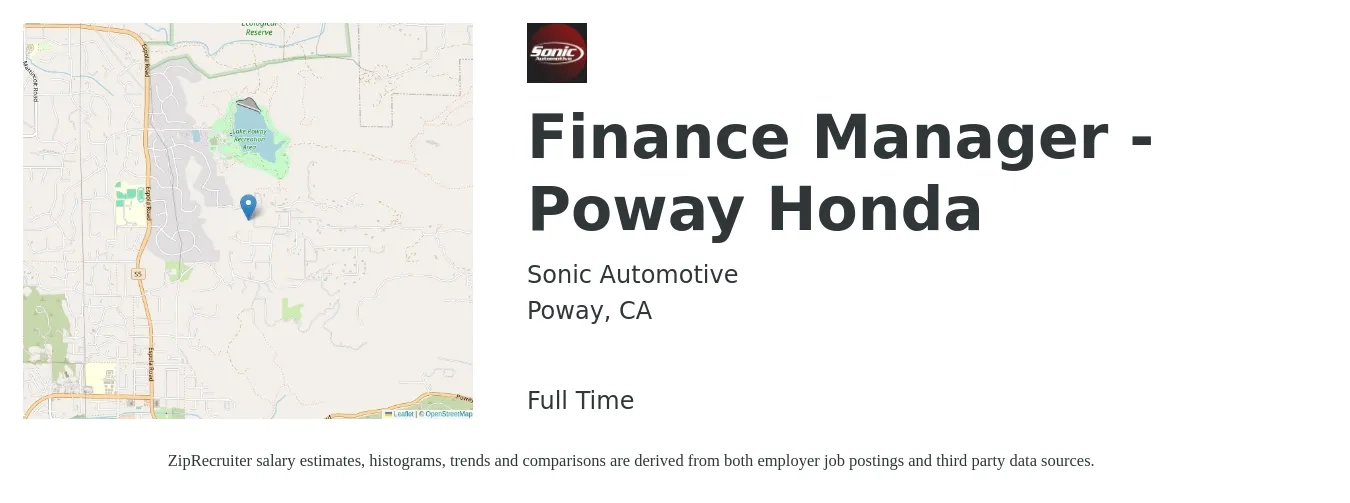 Sonic Automotive job posting for a Finance Manager - Poway Honda in Poway, CA with a salary of $90,000 Yearly with a map of Poway location.