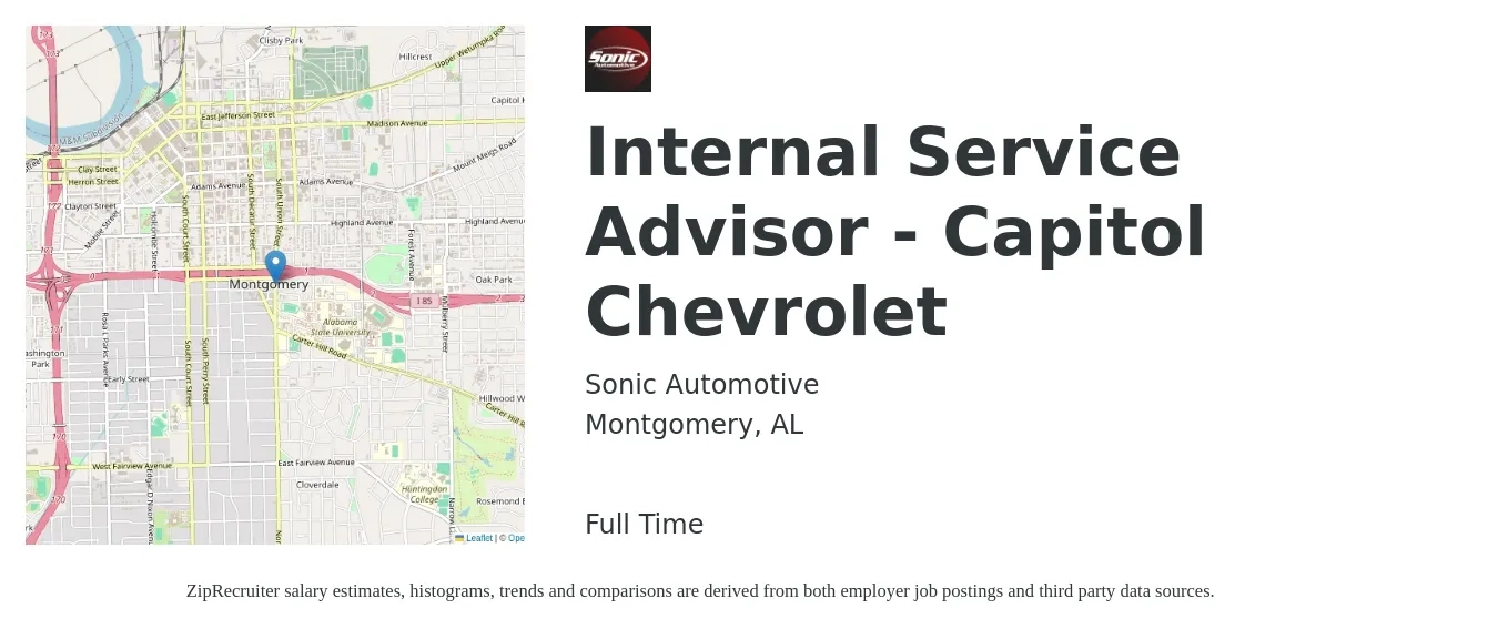 Sonic Automotive job posting for a Internal Service Advisor - Capitol Chevrolet in Montgomery, AL with a salary of $16 to $26 Hourly with a map of Montgomery location.