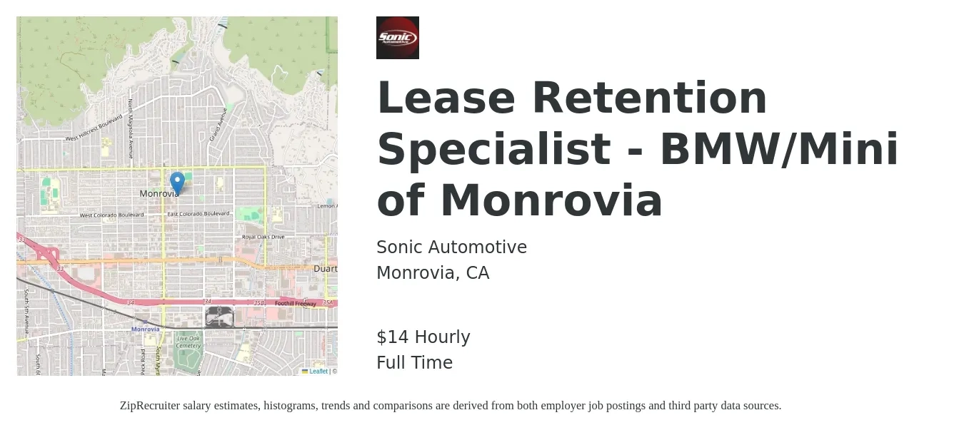 Sonic Automotive job posting for a Lease Retention Specialist - BMW/Mini of Monrovia in Monrovia, CA with a salary of $15 Hourly with a map of Monrovia location.