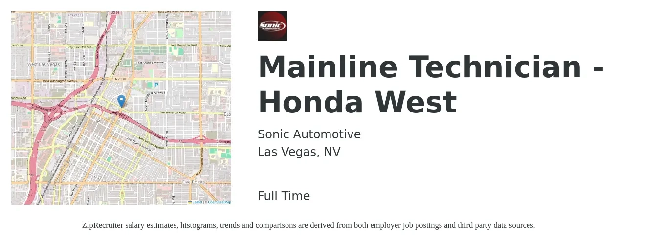 Sonic Automotive job posting for a Mainline Technician - Honda West in Las Vegas, NV with a salary of $19 to $28 Hourly with a map of Las Vegas location.