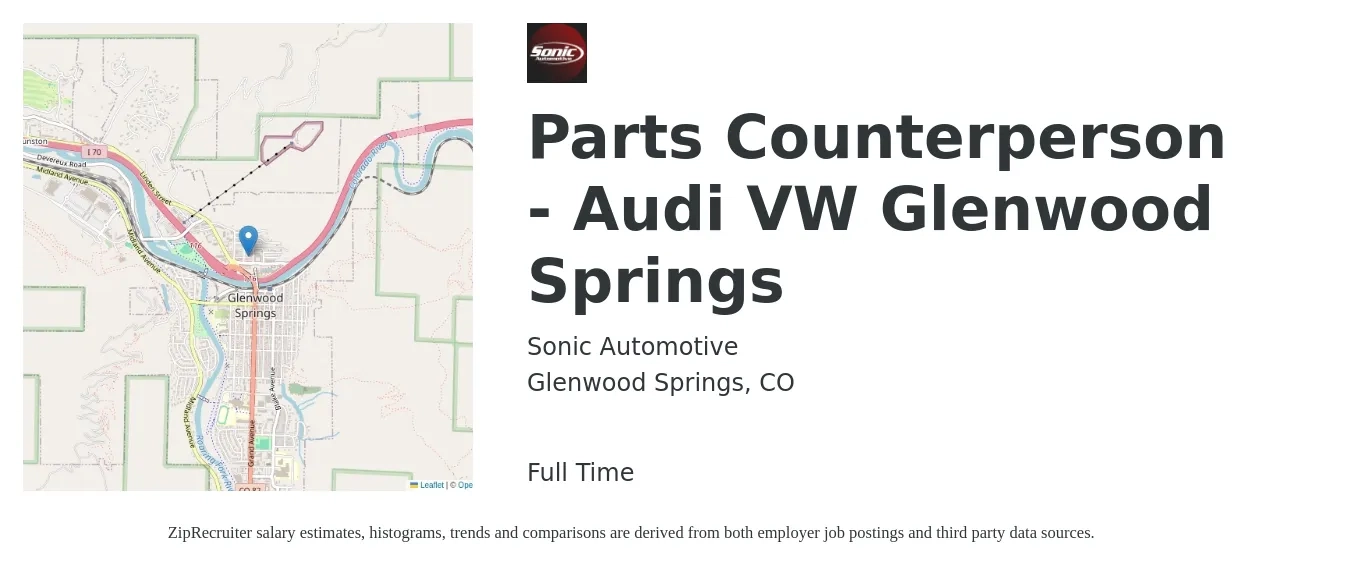 Sonic Automotive job posting for a Parts Counterperson - Audi VW Glenwood Springs in Glenwood Springs, CO with a salary of $48,000 to $65,000 Yearly with a map of Glenwood Springs location.
