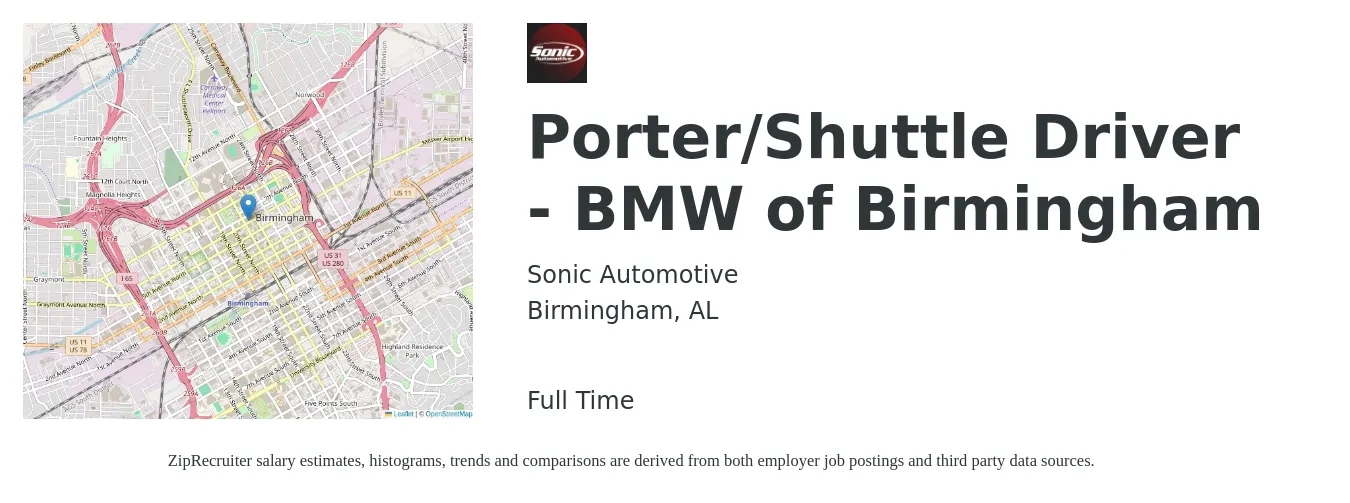 Sonic Automotive job posting for a Porter/Shuttle Driver - BMW of Birmingham in Birmingham, AL with a salary of $14 to $17 Hourly with a map of Birmingham location.