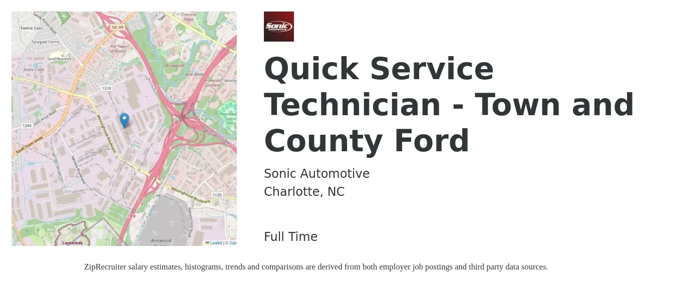 Sonic Automotive job posting for a Quick Service Technician - Town and County Ford in Charlotte, NC with a salary of $17 to $28 Hourly with a map of Charlotte location.