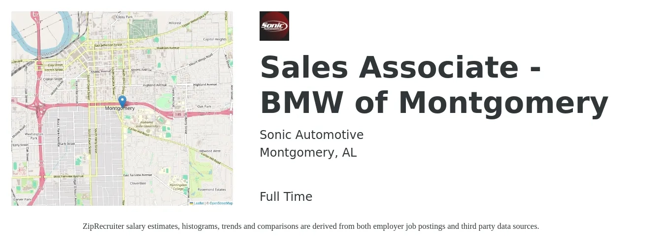 Sonic Automotive job posting for a Sales Associate - BMW of Montgomery in Montgomery, AL with a salary of $12 to $16 Hourly with a map of Montgomery location.
