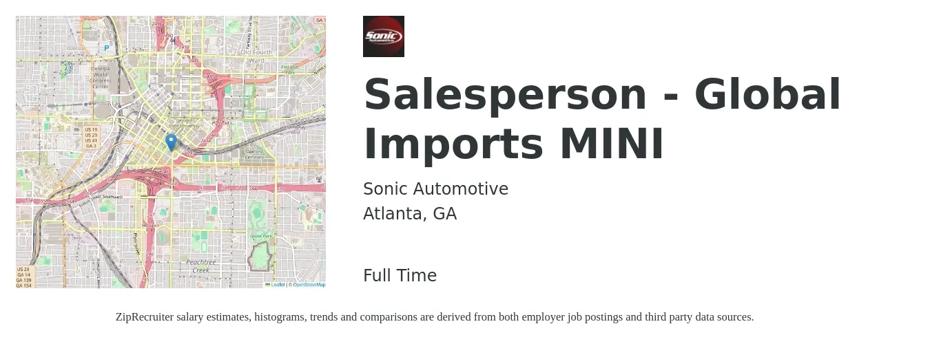 Sonic Automotive job posting for a Salesperson - Global Imports MINI in Atlanta, GA with a salary of $34,300 to $63,800 Yearly with a map of Atlanta location.