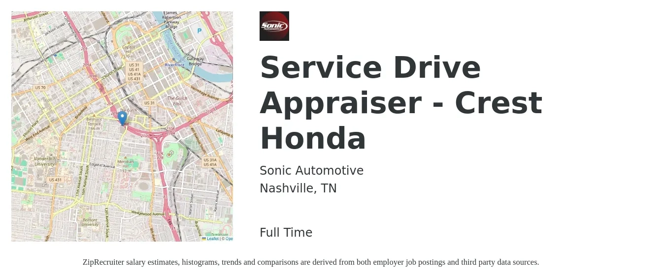 Sonic Automotive job posting for a Service Drive Appraiser - Crest Honda in Nashville, TN with a salary of $55,100 to $73,400 Yearly with a map of Nashville location.