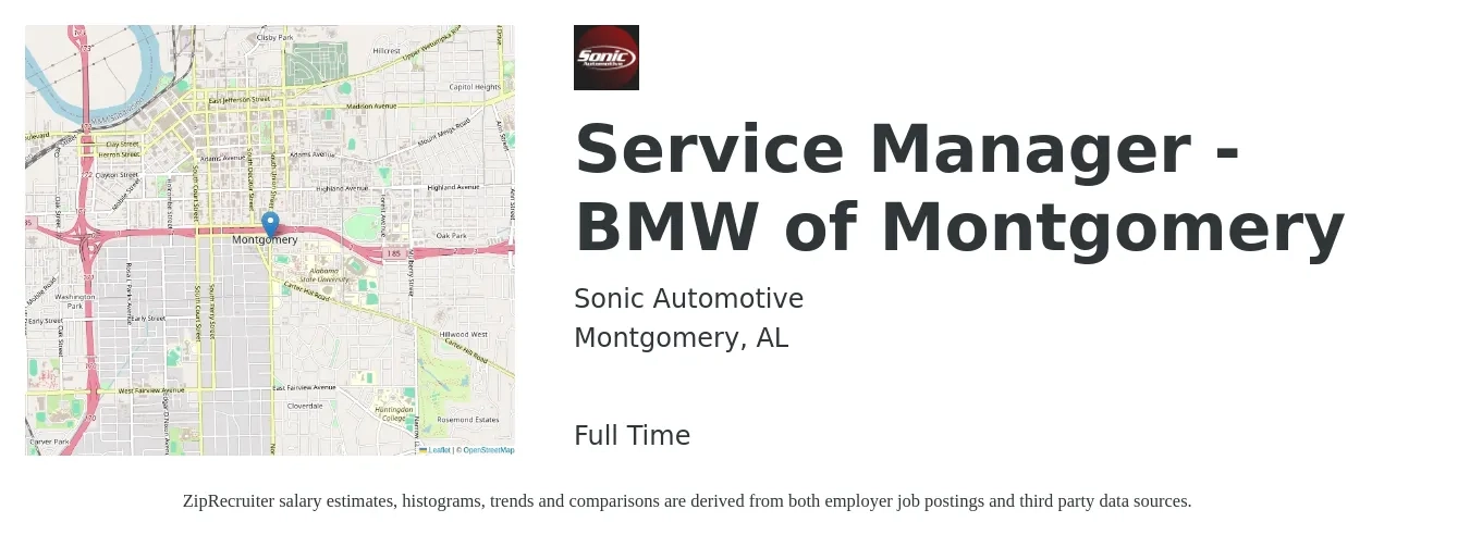 Sonic Automotive job posting for a Service Manager - BMW of Montgomery in Montgomery, AL with a salary of $43,700 to $67,600 Yearly with a map of Montgomery location.