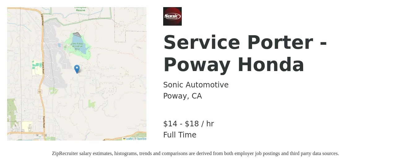 Sonic Automotive job posting for a Service Porter - Poway Honda in Poway, CA with a salary of $16 to $19 Hourly with a map of Poway location.