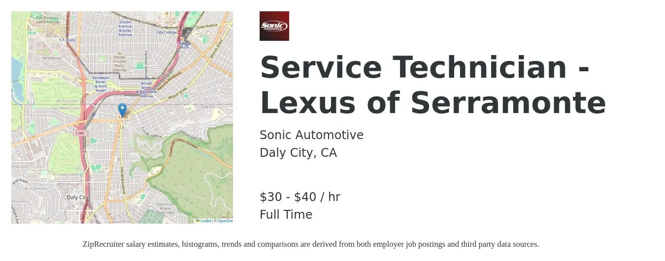 Sonic Automotive job posting for a Service Technician - Lexus of Serramonte in Daly City, CA with a salary of $32 to $42 Hourly with a map of Daly City location.