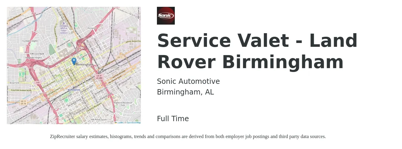 Sonic Automotive job posting for a Service Valet - Land Rover Birmingham in Birmingham, AL with a salary of $13 to $17 Hourly with a map of Birmingham location.