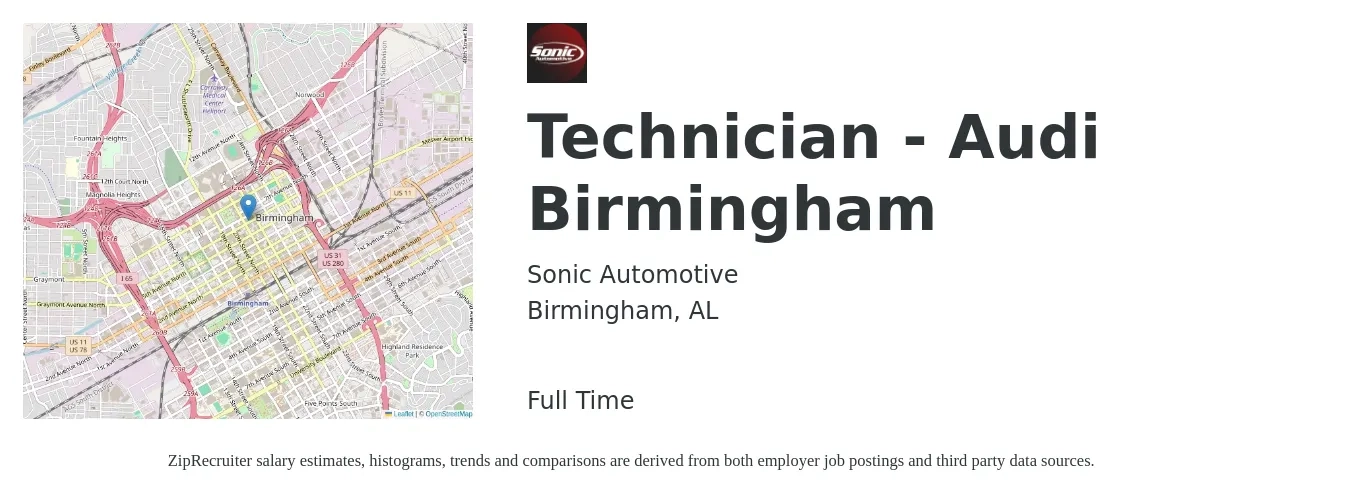 Sonic Automotive job posting for a Technician - Audi Birmingham in Birmingham, AL with a salary of $20 to $32 Hourly with a map of Birmingham location.