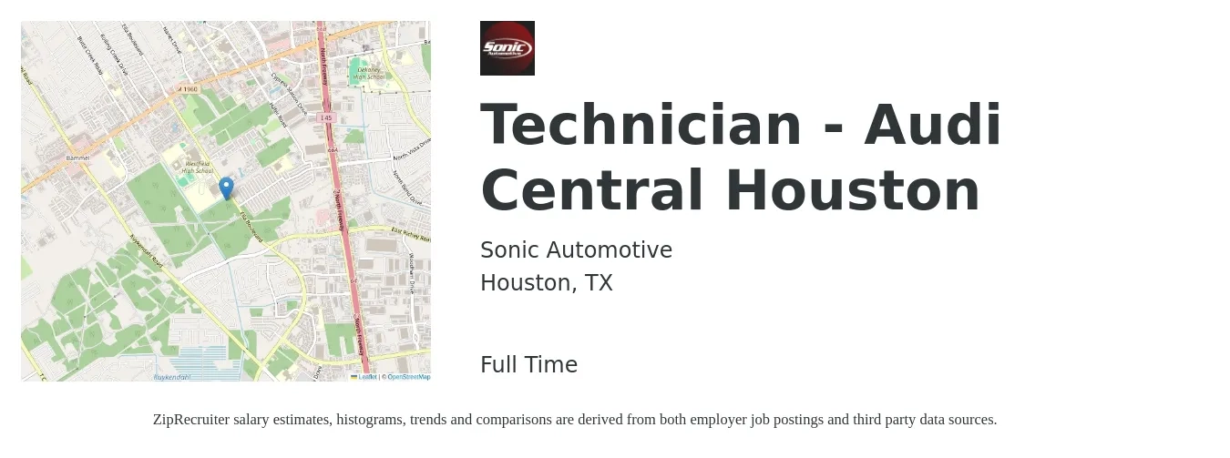 Sonic Automotive job posting for a Technician - Audi Central Houston in Houston, TX with a salary of $40 Hourly with a map of Houston location.