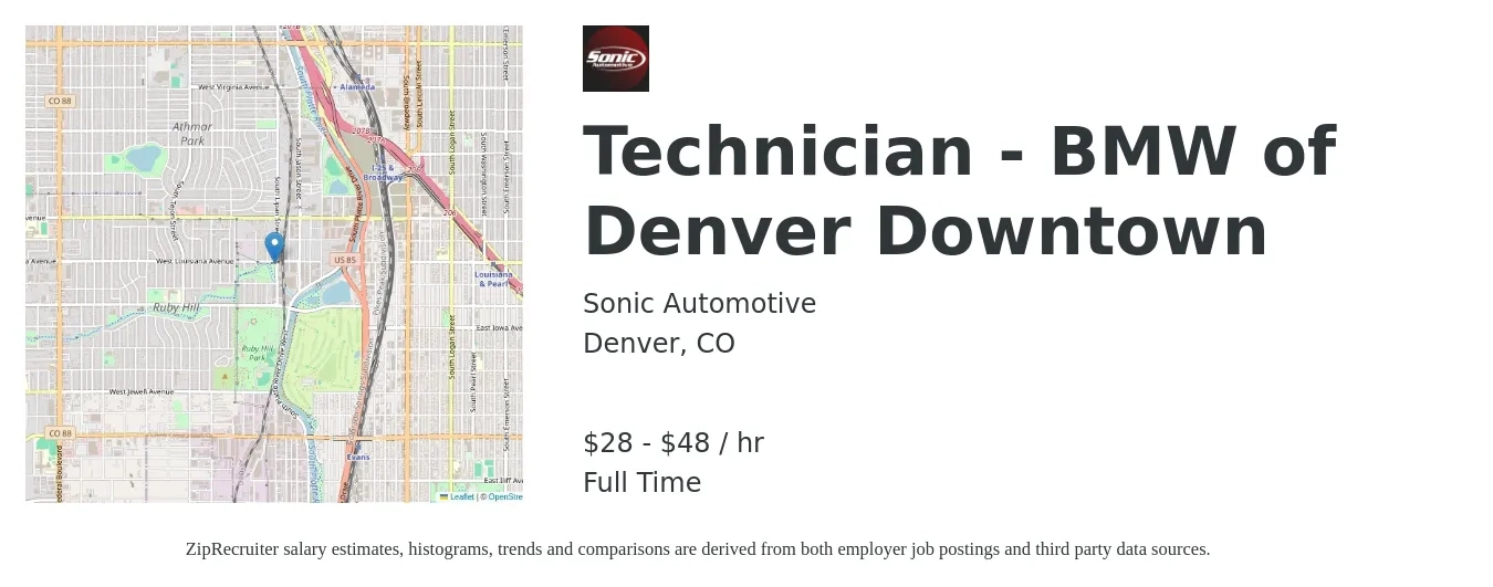 Sonic Automotive job posting for a Technician - BMW of Denver Downtown in Denver, CO with a salary of $30 to $50 Hourly with a map of Denver location.