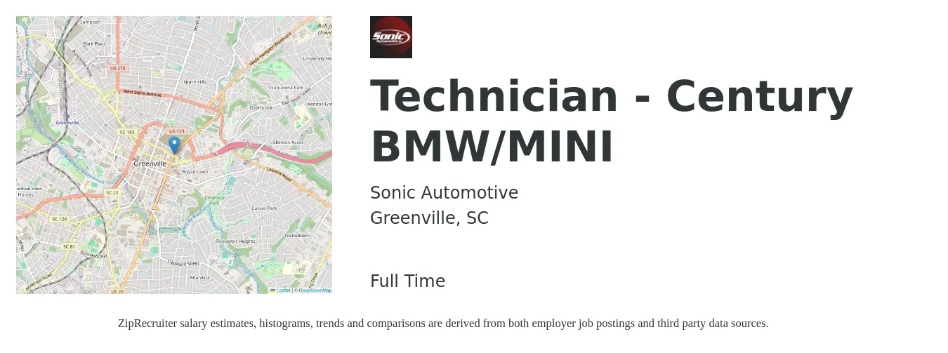 Sonic Automotive job posting for a Technician - Century BMW/MINI in Greenville, SC with a salary of $20 to $33 Hourly with a map of Greenville location.