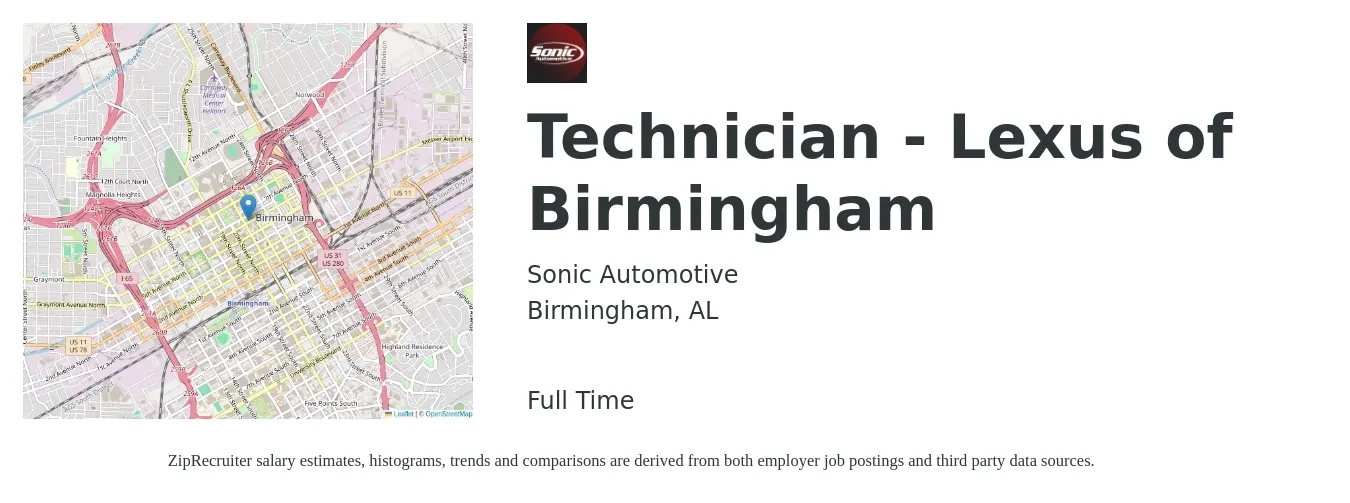 Sonic Automotive job posting for a Technician - Lexus of Birmingham in Birmingham, AL with a salary of $20 to $32 Hourly with a map of Birmingham location.