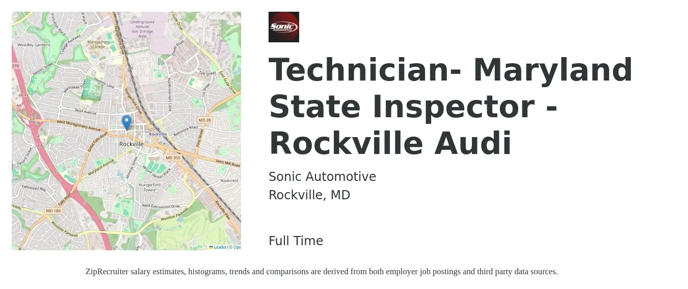 Sonic Automotive job posting for a Technician- Maryland State Inspector -Rockville Audi in Rockville, MD with a salary of $22 to $36 Hourly with a map of Rockville location.