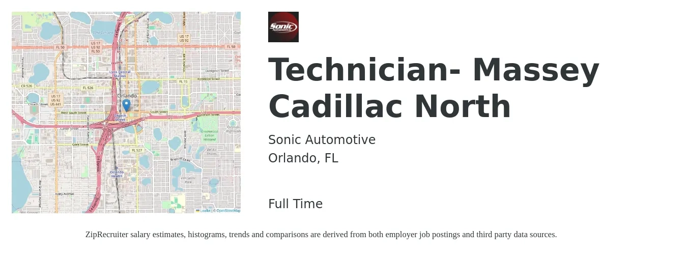 Sonic Automotive job posting for a Technician- Massey Cadillac North in Orlando, FL with a salary of $20 to $32 Hourly with a map of Orlando location.