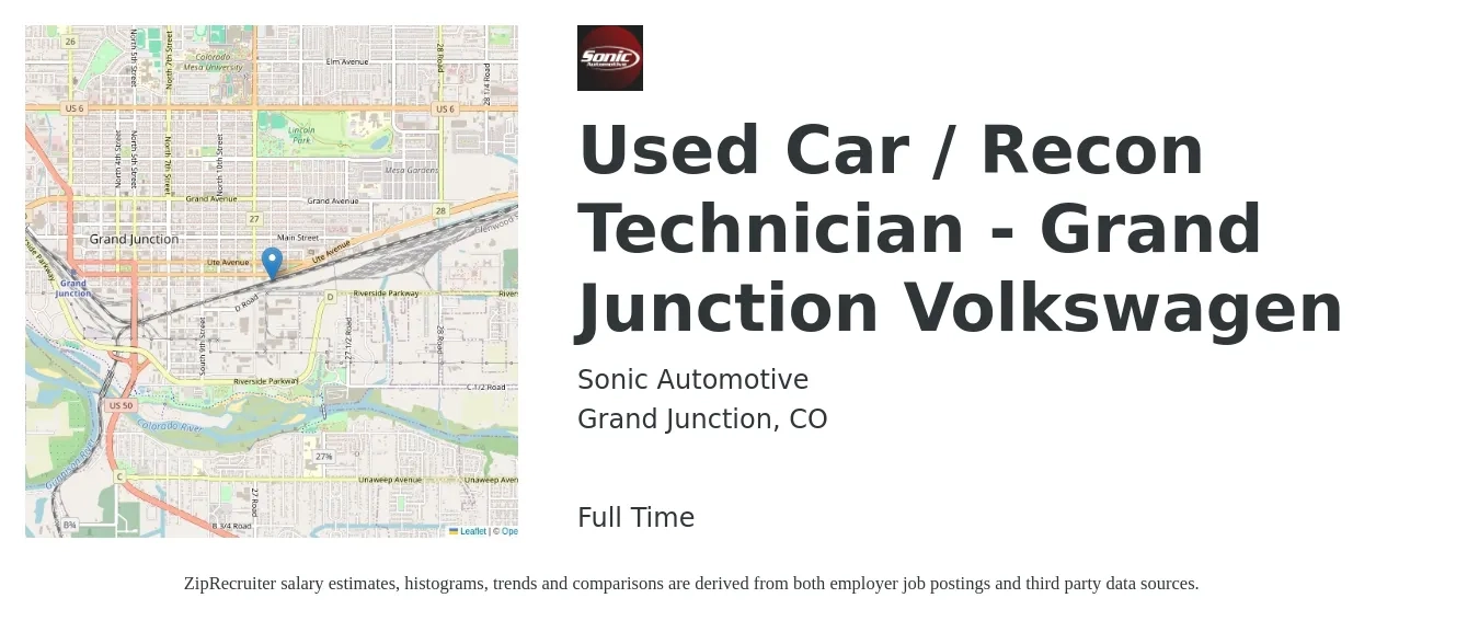 Sonic Automotive job posting for a Used Car / Recon Technician - Grand Junction Volkswagen in Grand Junction, CO with a salary of $25 to $36 Hourly with a map of Grand Junction location.