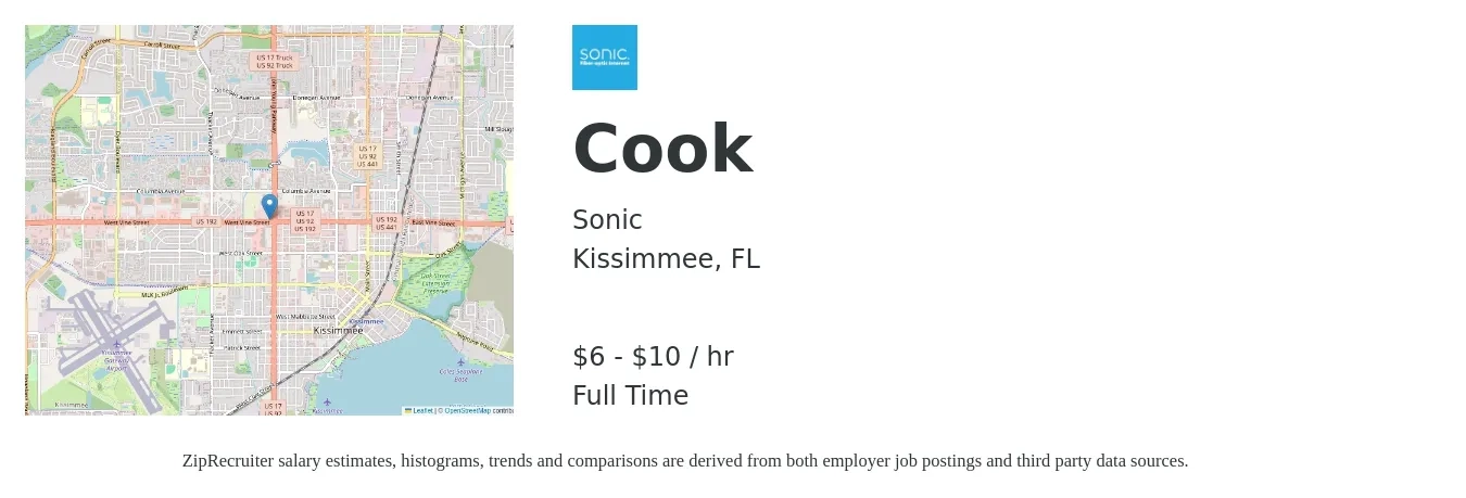 Sonic job posting for a Cook in Kissimmee, FL with a salary of $7 to $11 Hourly with a map of Kissimmee location.