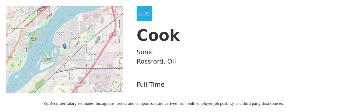 Sonic job posting for a Cook in Rossford, OH with a salary of $13 to $18 Hourly with a map of Rossford location.