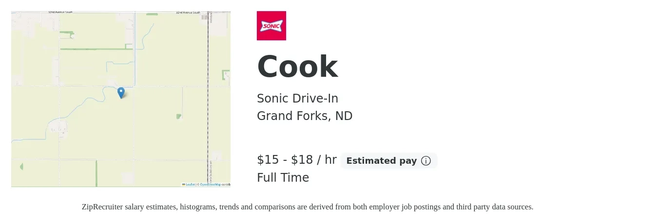 Sonic Drive-In job posting for a Cook in Grand Forks, ND with a salary of $15 to $18 Hourly with a map of Grand Forks location.
