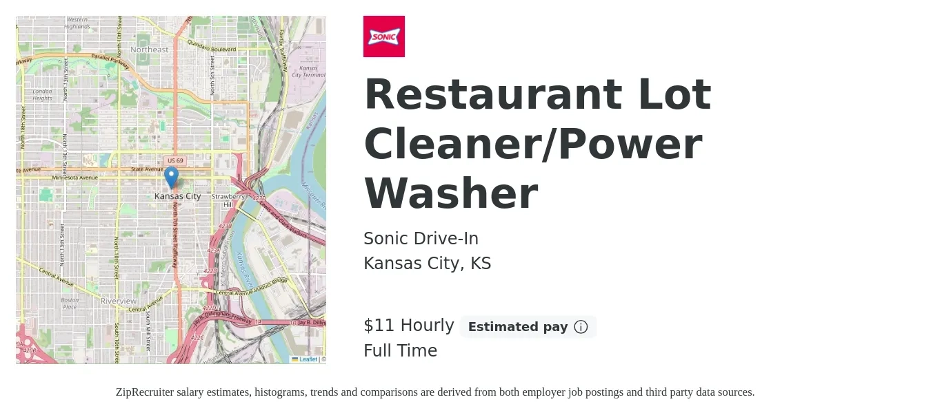 Sonic Drive-In job posting for a Restaurant Lot Cleaner/Power Washer in Kansas City, KS with a salary of $12 Hourly with a map of Kansas City location.