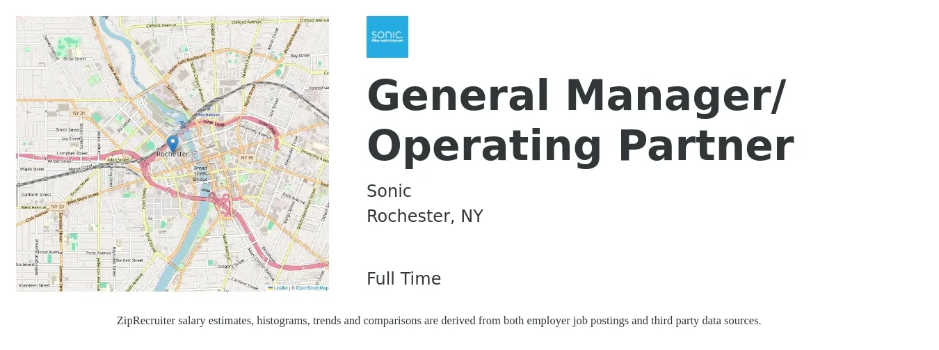 Sonic job posting for a General Manager/ Operating Partner in Rochester, NY with a salary of $48,800 to $73,000 Yearly with a map of Rochester location.