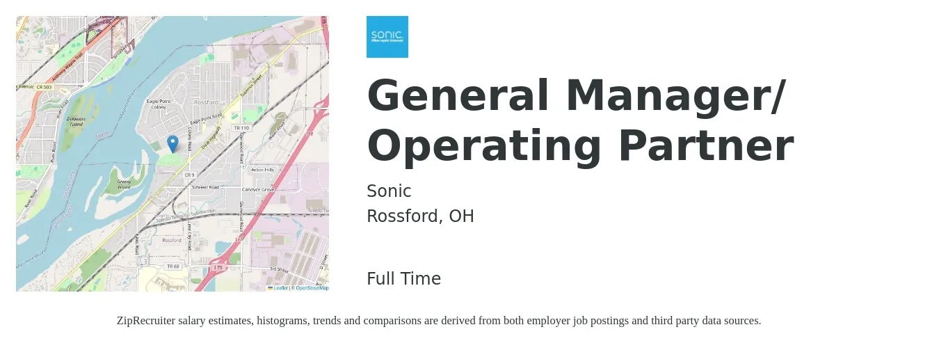 Sonic job posting for a General Manager/ Operating Partner in Rossford, OH with a salary of $47,200 to $70,600 Yearly with a map of Rossford location.