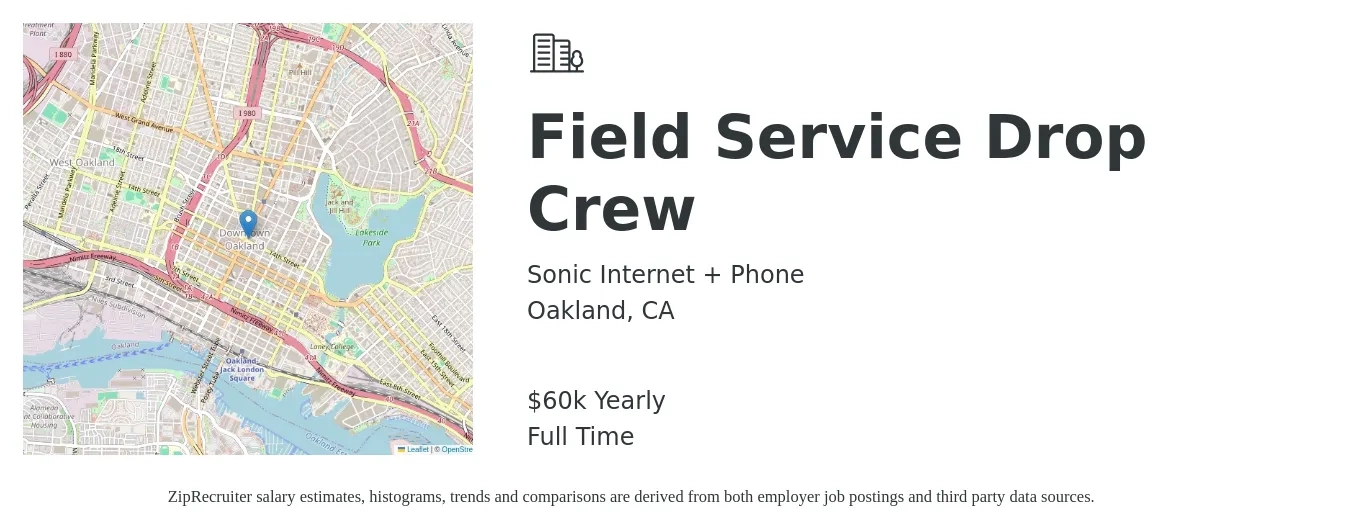 Sonic Internet + Phone job posting for a Field Service Drop Crew in Oakland, CA with a salary of $60,000 Yearly with a map of Oakland location.