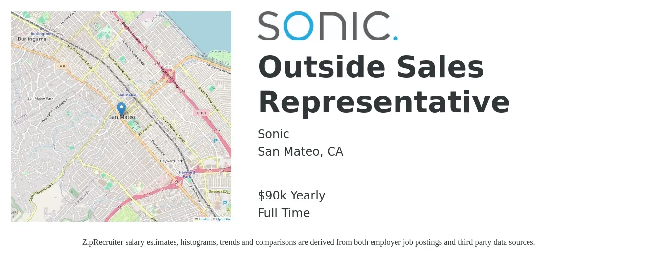 Sonic job posting for a Outside Sales Representative in San Mateo, CA with a salary of $90,000 Yearly with a map of San Mateo location.