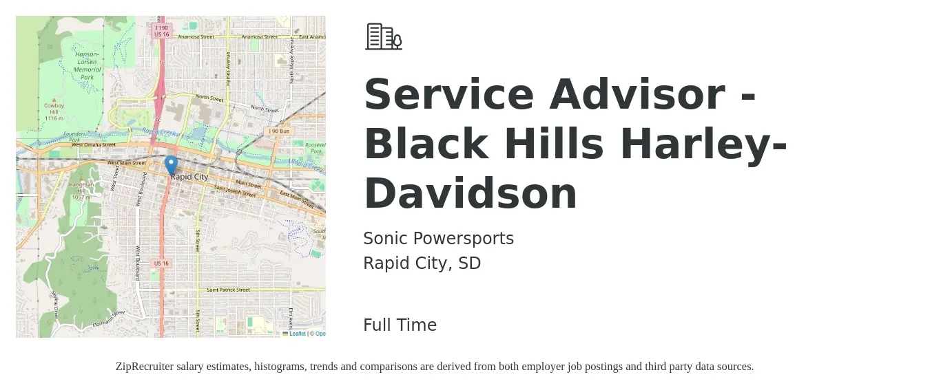 Sonic Powersports job posting for a Service Advisor - Black Hills Harley-Davidson in Rapid City, SD with a salary of $19 to $30 Hourly with a map of Rapid City location.