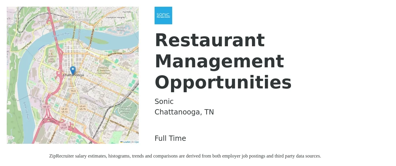 Sonic job posting for a Restaurant Management Opportunities in Chattanooga, TN with a salary of $36,400 to $58,700 Yearly with a map of Chattanooga location.