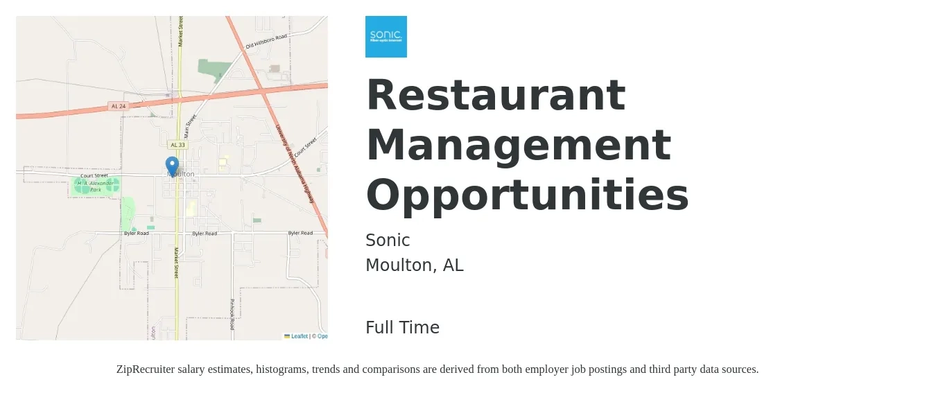 Sonic job posting for a Restaurant Management Opportunities in Moulton, AL with a salary of $35,000 to $56,400 Yearly with a map of Moulton location.