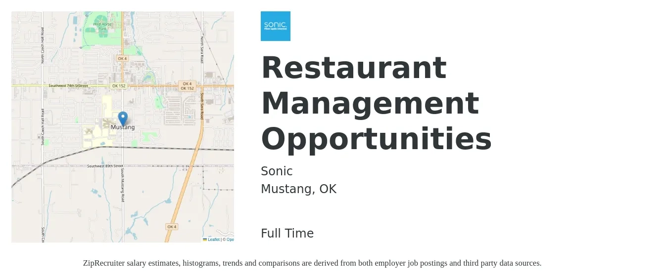Sonic job posting for a Restaurant Management Opportunities in Mustang, OK with a salary of $37,400 to $60,300 Yearly with a map of Mustang location.