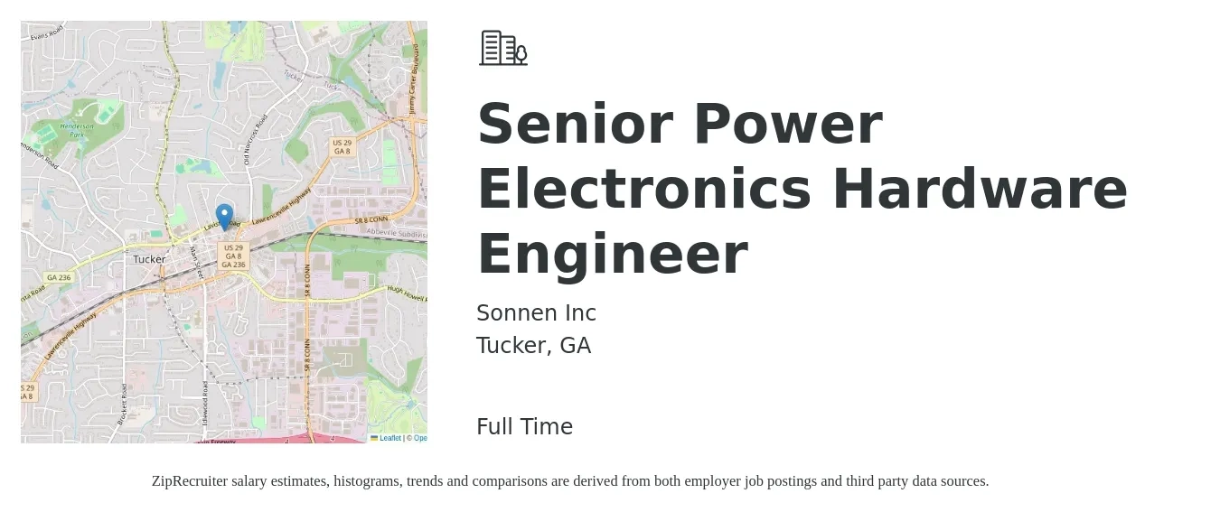 Sonnen Inc job posting for a Senior Power Electronics Hardware Engineer in Tucker, GA with a salary of $104,100 to $139,000 Yearly with a map of Tucker location.