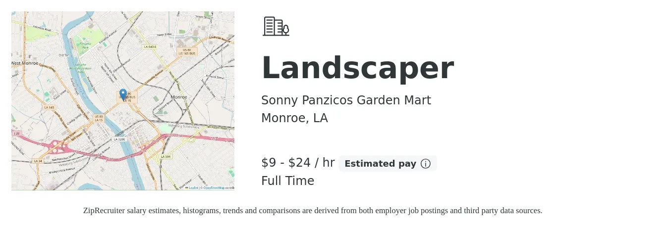 Sonny Panzicos Garden Mart job posting for a Landscaper in Monroe, LA with a salary of $10 to $25 Hourly with a map of Monroe location.