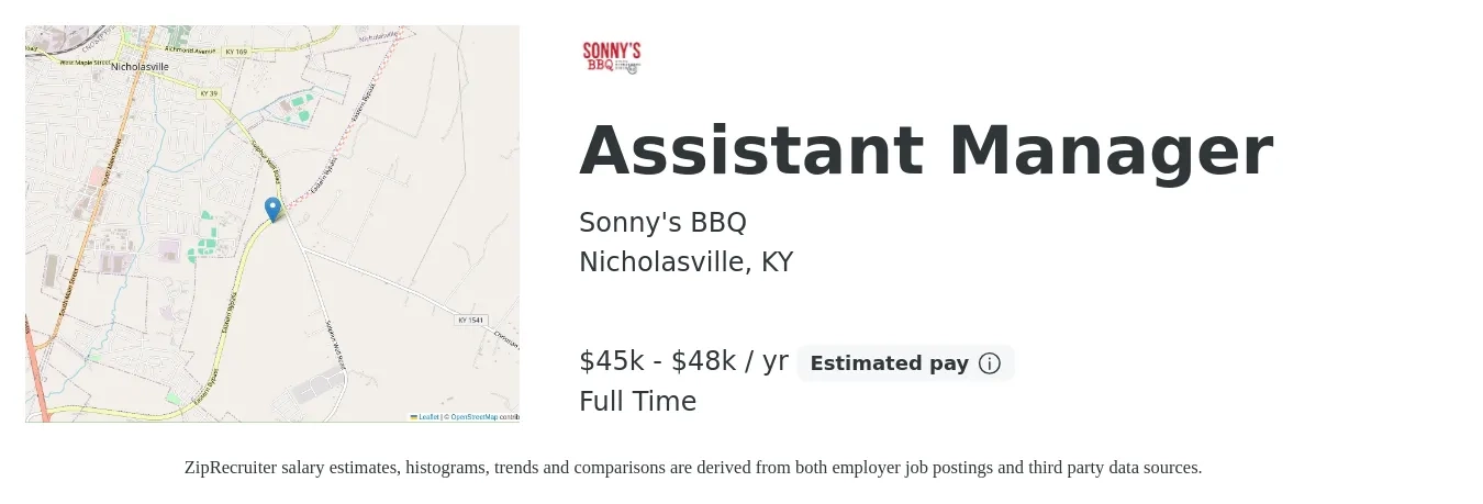 Sonny's BBQ job posting for a Assistant Manager in Nicholasville, KY with a salary of $45,000 to $48,000 Yearly with a map of Nicholasville location.