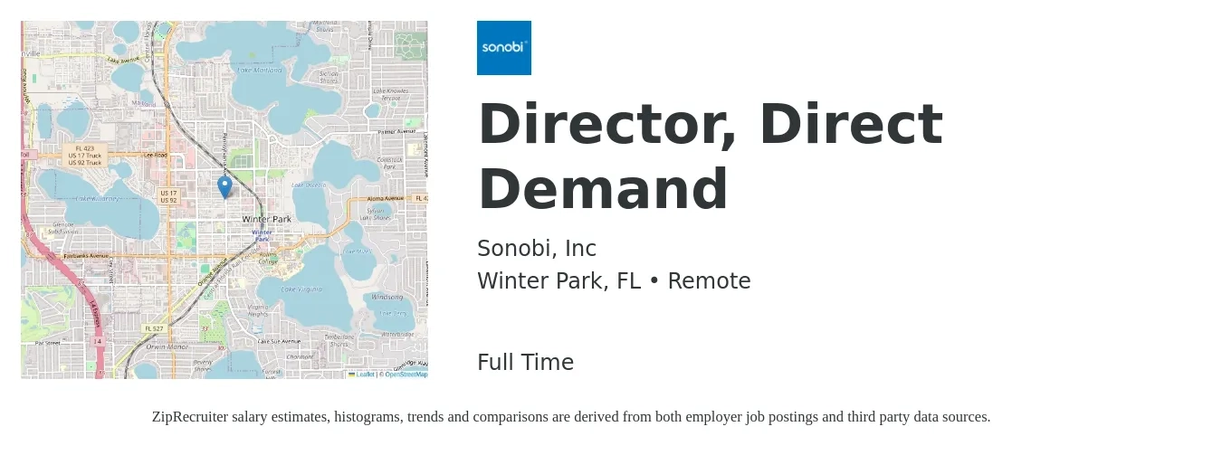 Sonobi, Inc job posting for a Director, Direct Demand in Winter Park, FL with a salary of $85,500 to $140,900 Yearly with a map of Winter Park location.