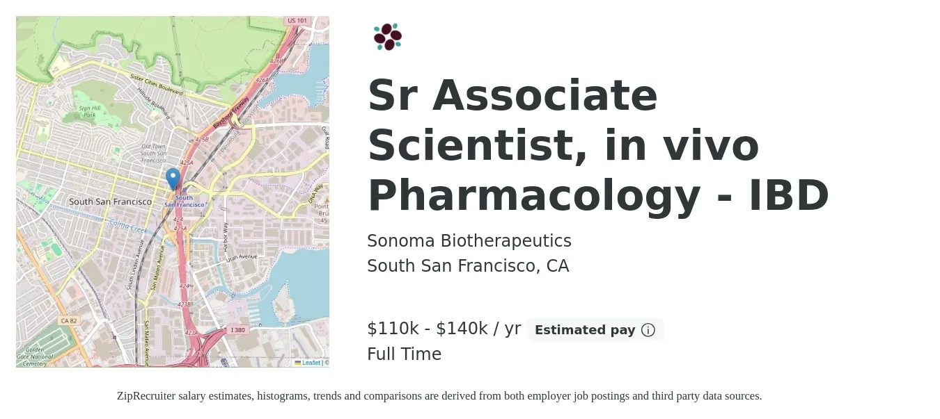 Sonoma Biotherapeutics job posting for a Sr Associate Scientist, in vivo Pharmacology - IBD in South San Francisco, CA with a salary of $110,000 to $140,000 Yearly with a map of South San Francisco location.