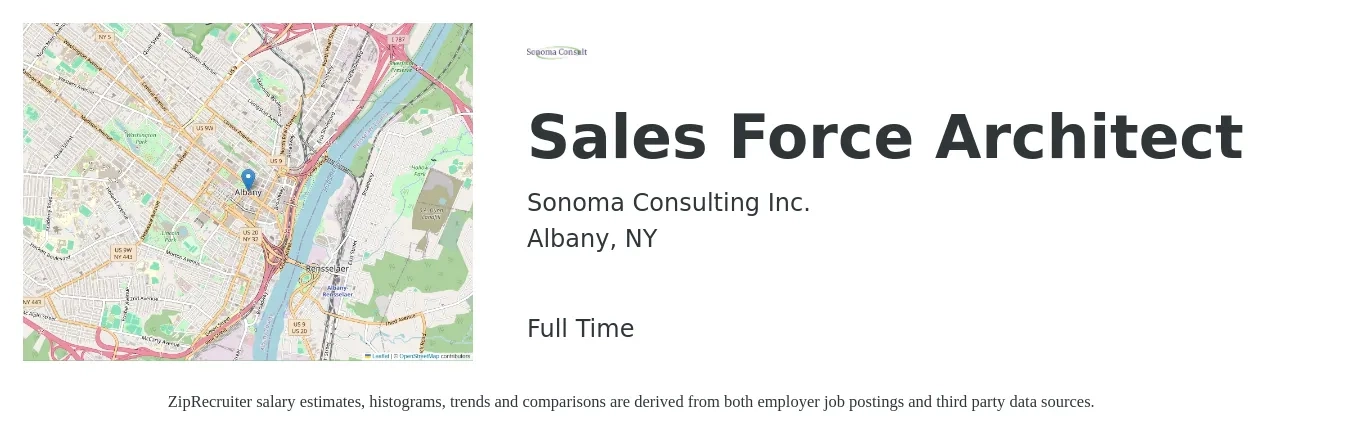 Sonoma Consulting Inc. job posting for a Sales Force Architect in Albany, NY with a salary of $68 to $85 Hourly with a map of Albany location.
