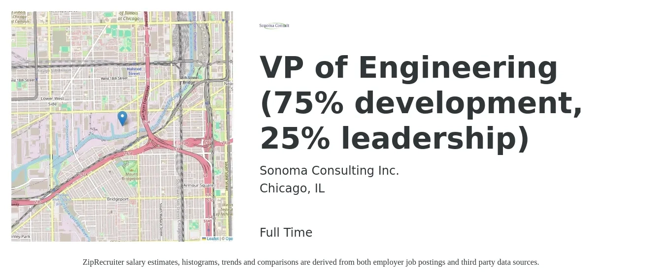 Sonoma Consulting Inc. job posting for a VP of Engineering (75% development, 25% leadership) in Chicago, IL with a salary of $185,400 to $239,000 Yearly with a map of Chicago location.