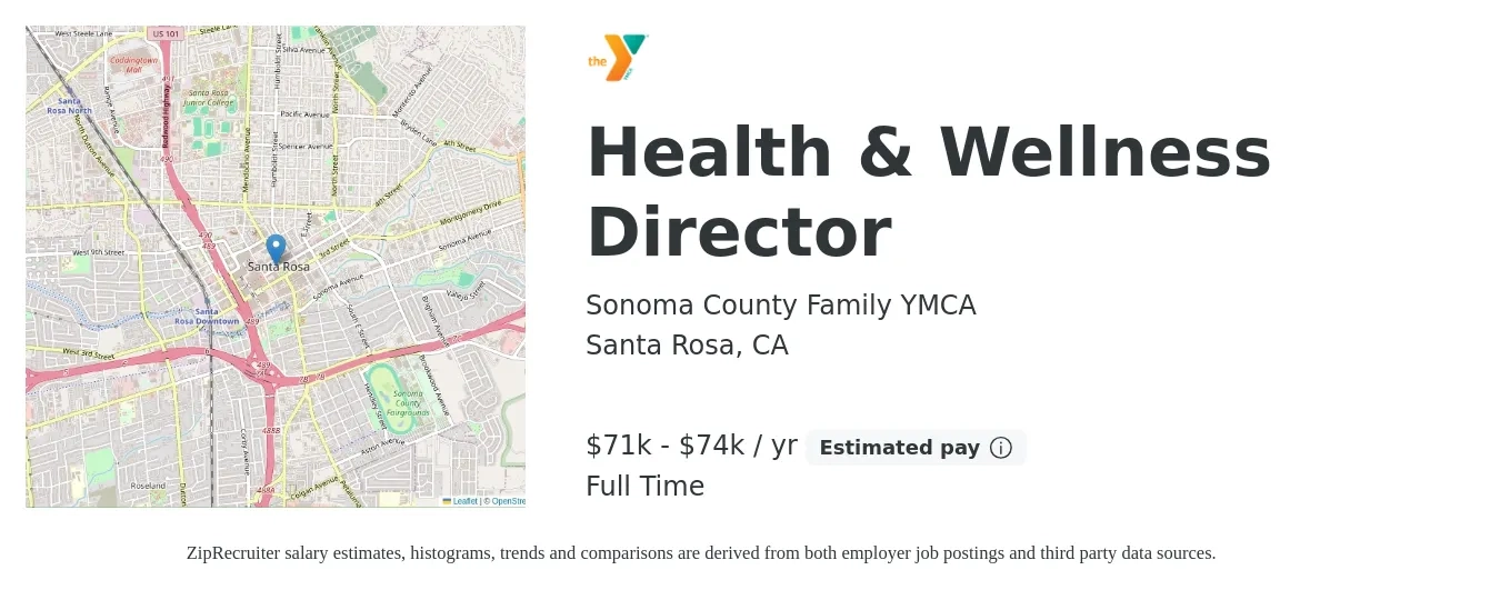 Sonoma County Family YMCA job posting for a Health & Wellness Director in Santa Rosa, CA with a salary of $71,000 to $74,000 Yearly with a map of Santa Rosa location.