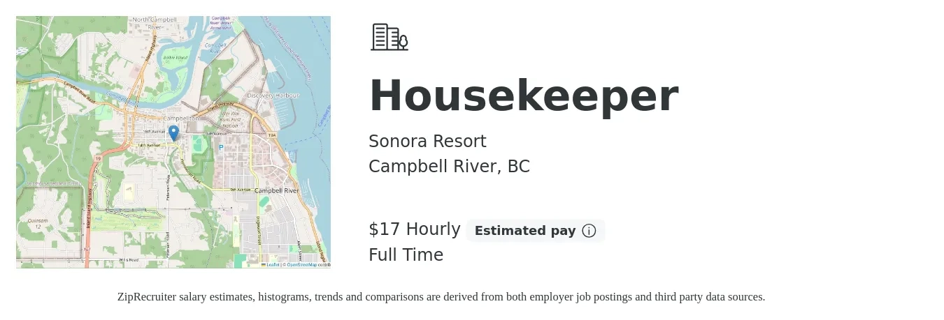 Sonora Resort job posting for a Housekeeper in Campbell River, BC with a salary of $18 Hourly with a map of Campbell River location.