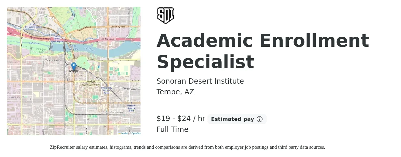 Sonoran Desert Institute job posting for a Academic Enrollment Specialist in Tempe, AZ with a salary of $20 to $25 Hourly with a map of Tempe location.