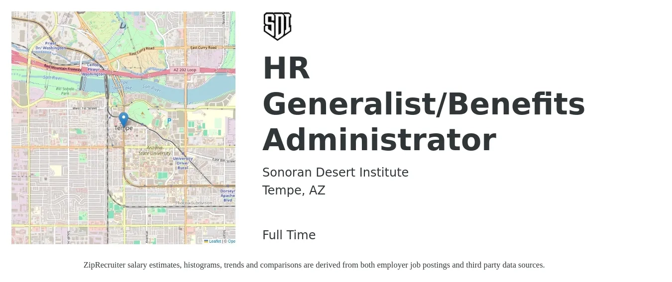 Sonoran Desert Institute job posting for a HR Generalist/Benefits Administrator in Tempe, AZ with a salary of $50,600 to $72,000 Yearly with a map of Tempe location.