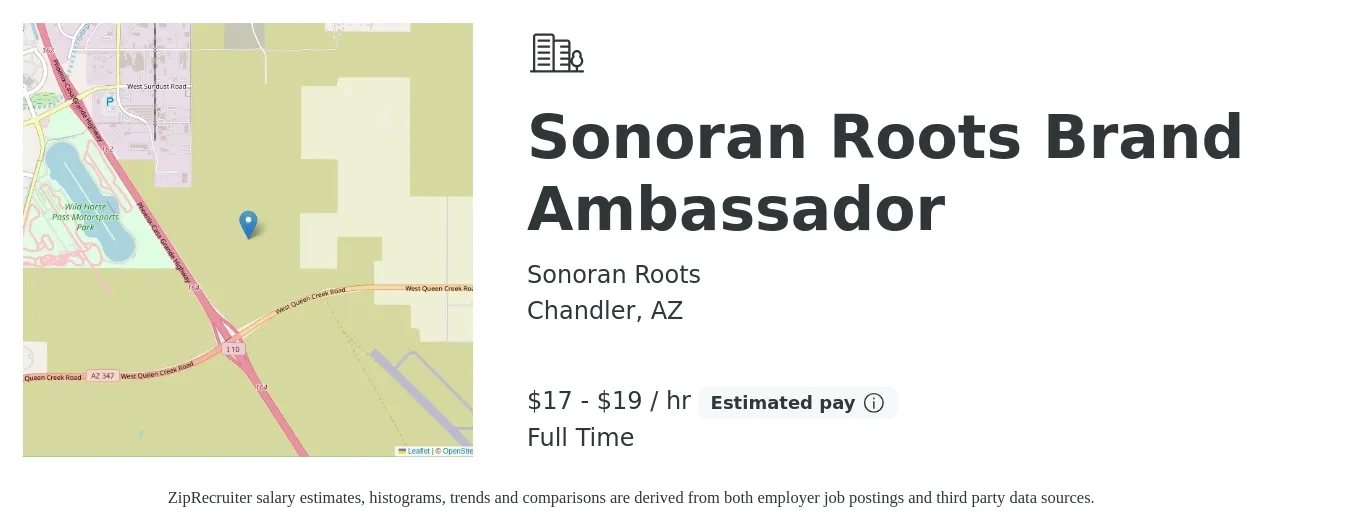 Sonoran Roots job posting for a Sonoran Roots Brand Ambassador in Chandler, AZ with a salary of $18 to $20 Hourly with a map of Chandler location.